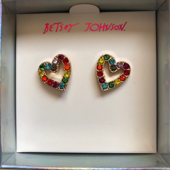Betsey Johnson Gold Tone Open Frame Heart Stud Earrings Multicolored Crystal NIB - Picture 7 of 12
